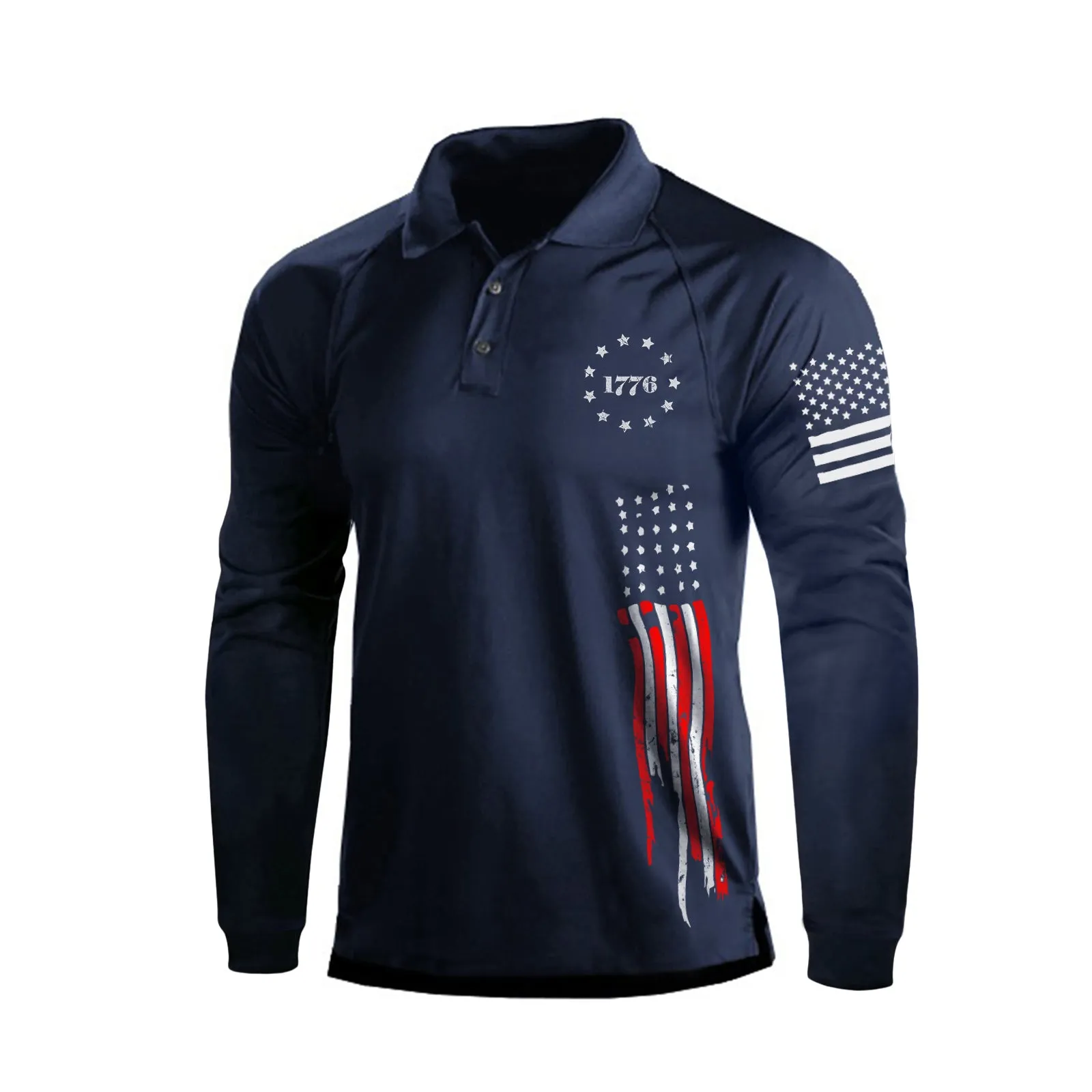 1776 USA FLAG QUICK DRY RAGLAN GRAPHIC LONG SLEEVE POLO SHIRT