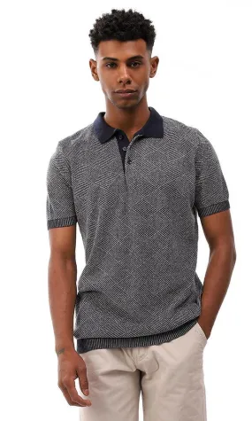 94796 Upper Buttoned Elastic Hem Polo Shirt - Heather Navy Blue & Whit