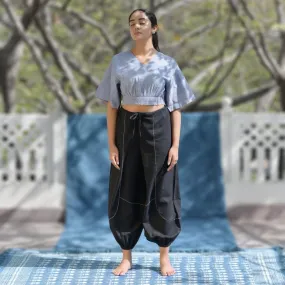 Azure-Blue Handwoven Cotton Smocked Waist Crop-Top with Black Yoga Harem Pant Combo | Athleisure Wear Combo for Women