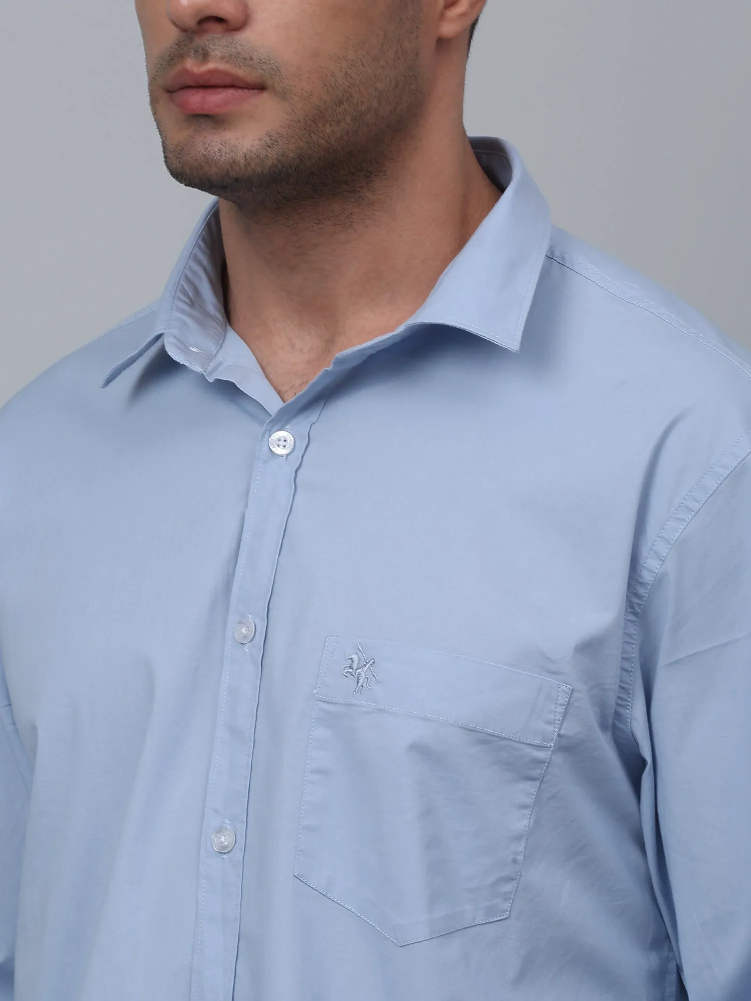 Cantabil Cotton Blend Solid Full Sleeve Regular Fit Sky Blue Casual Shirt for Men with Pocket