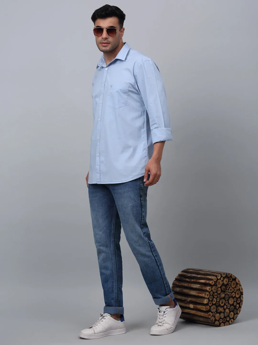 Cantabil Cotton Blend Solid Full Sleeve Regular Fit Sky Blue Casual Shirt for Men with Pocket