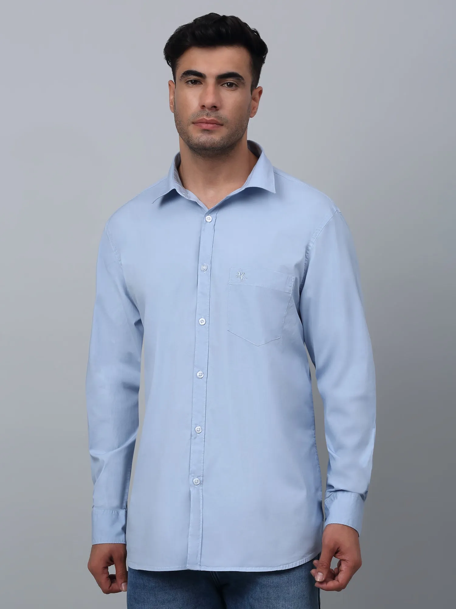 Cantabil Cotton Blend Solid Full Sleeve Regular Fit Sky Blue Casual Shirt for Men with Pocket