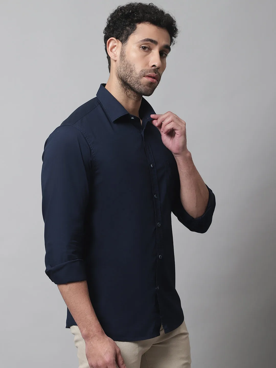 Cantabil Cotton Blend Solid Navy Blue Full Sleeve Casual Shirt for Men with Pocket