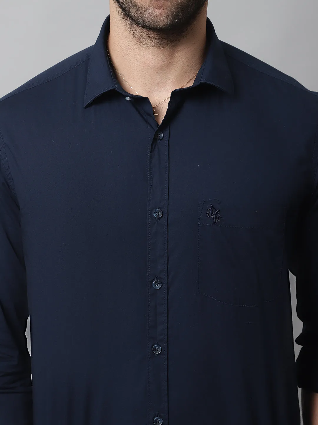 Cantabil Cotton Blend Solid Navy Blue Full Sleeve Casual Shirt for Men with Pocket