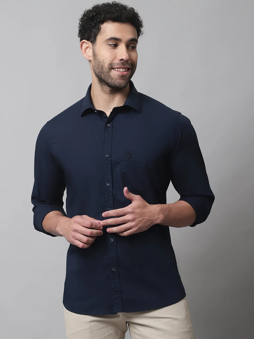 Cantabil Cotton Blend Solid Navy Blue Full Sleeve Casual Shirt for Men with Pocket