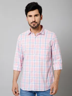 Cantabil Cotton Checkered Full Sleeve Regular Fit Pink Casual Shirt with Pocket for Men