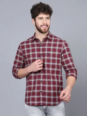 Cantabil Cotton Checkered Maroon Full Sleeve Casual Shirt for Men with Pocket