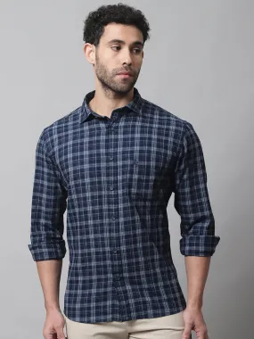 Cantabil Cotton Checkered Navy Blue Full Sleeve Casual Shirt for Men with Pocket