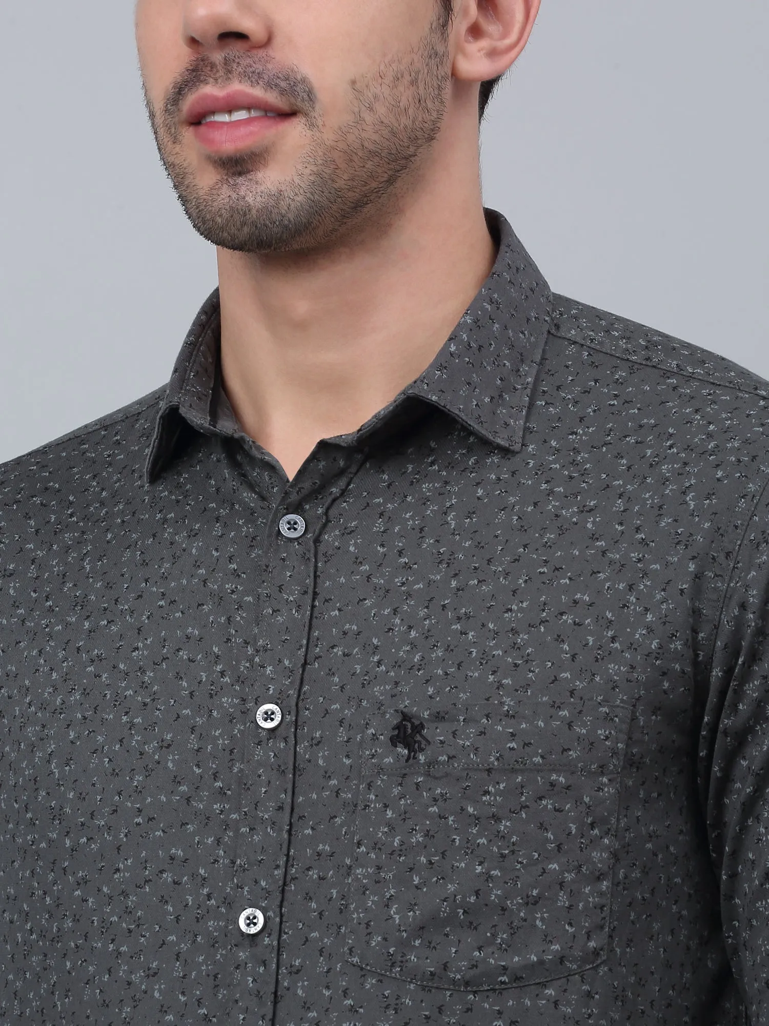 Cantabil Cotton Floral Printed Full Sleeve Regular Fit Grey Casual Shirt for Men with Pocket