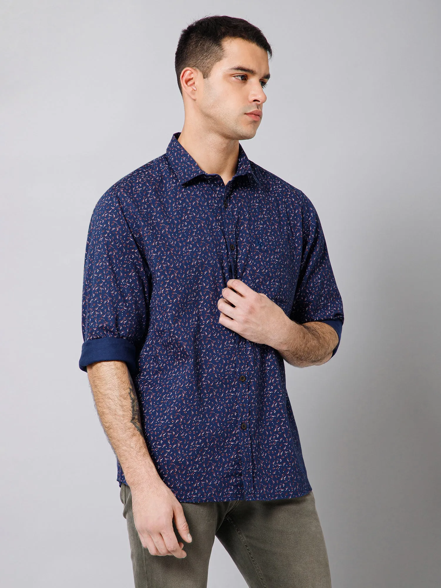 Cantabil Cotton Floral Printed Full Sleeve Regular Fit Navy Blue Casual Shirt with Pocket for Men