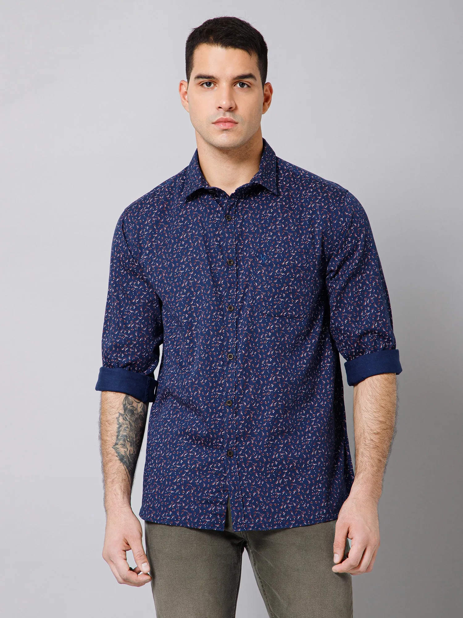 Cantabil Cotton Floral Printed Full Sleeve Regular Fit Navy Blue Casual Shirt with Pocket for Men