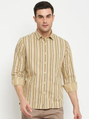 Cantabil Cotton Khaki Striped Full Sleeve Regular Fit Casual Shirt for Men with Pocket