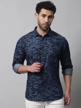 Cantabil Cotton Printed Blue Full Sleeve Casual Shirt for Men with Pocket