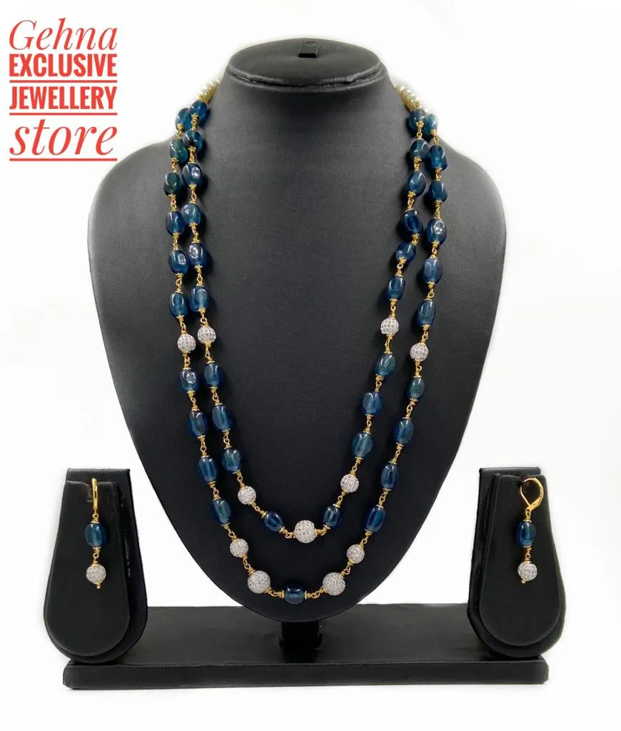 Designer Semi Precious Double Layered Blue Jade Beaded Necklace Set