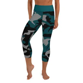 Gray, Teal and Black Camouflage Yoga Capri Leggings