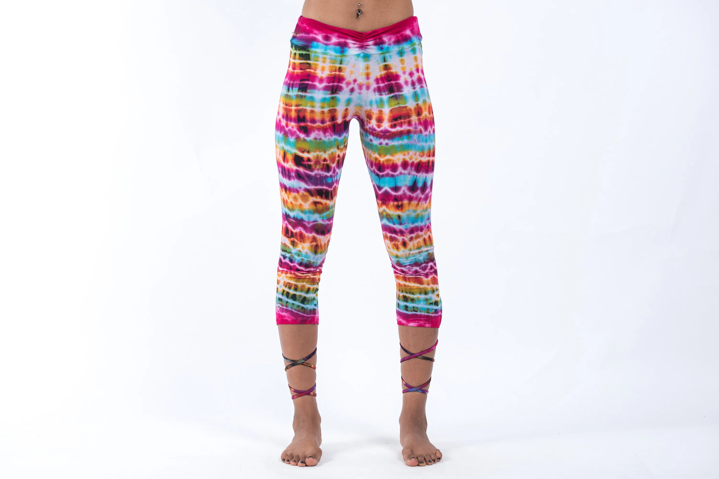 Melting Stripes Tie Dye Cotton Capri Leggings in Pink Rainbow