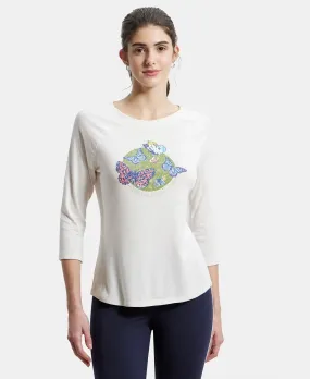 Micro Modal Cotton Relaxed Fit Graphic Printed Round Neck Three Quarter Sleeve T-Shirt - Ecru Melange