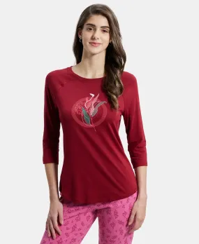 Micro Modal Cotton Relaxed Fit Graphic Printed Round Neck Three Quarter Sleeve T-Shirt - Rhubarb