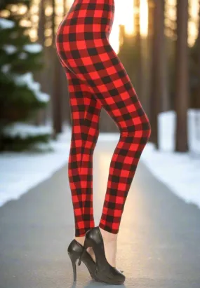 Womens Red Plaid Legging, Soft Yoga Pants, Sizes 0-22, No Roll Waist, Red/Black